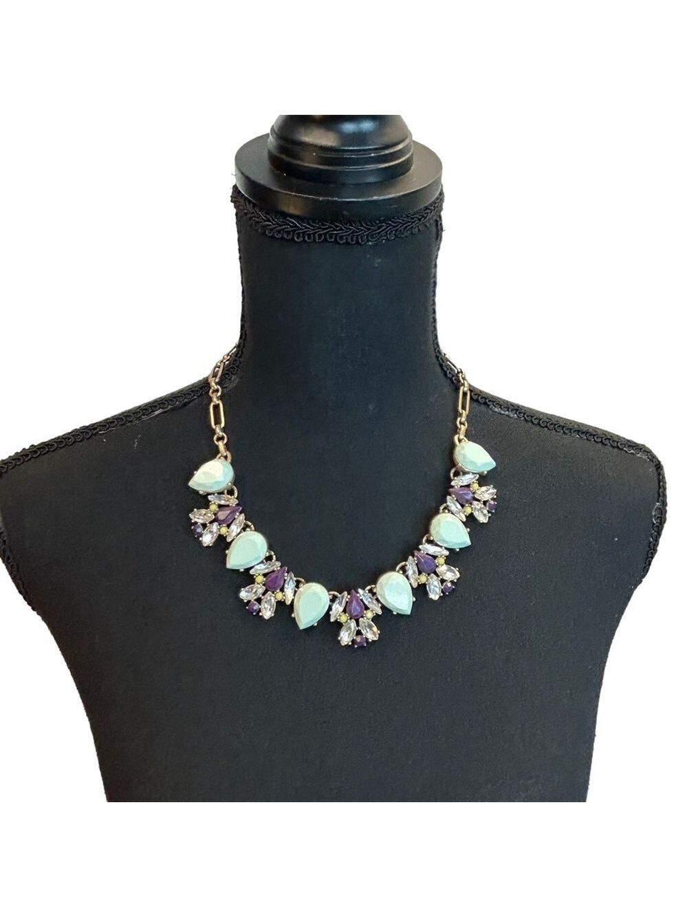 J. Crew Pastel green purple Rhinestone Tear Drop Yellow Statement Necklace